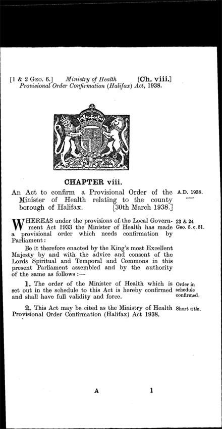 Ministry of Health Provisional Order Confirmation (Halifax) Act 1938