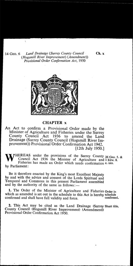Land Drainage (Surrey County Council (Hogsmill River Improvement) (Amendment)) Provisional Order Confirmation Act 1950