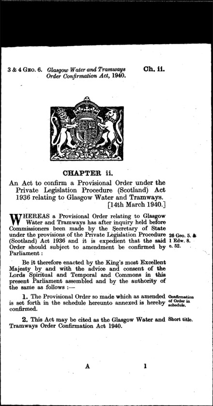 Glasgow Water and Tramways Order Confirmation Act 1940
