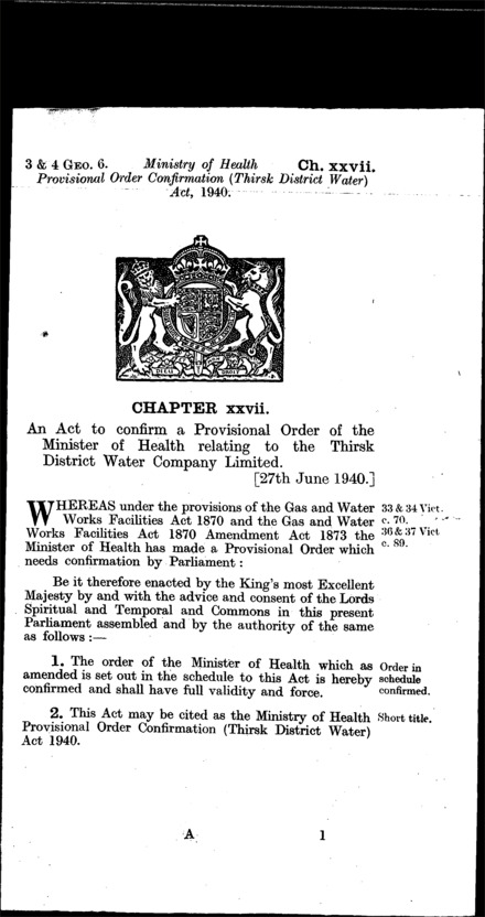 Ministry of Health Provisional Order Confirmation (Thirsk District Water) Act 1940