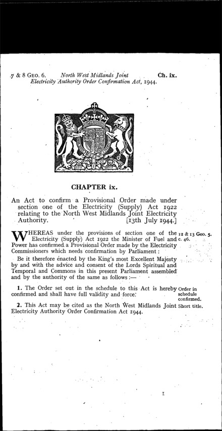 North-West Midlands Joint Electricity Authority Order Confirmation Act 1944