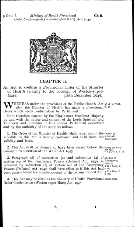 Ministry of Health Provisional Order Confirmation (Weston-super-Mare) Act 1945