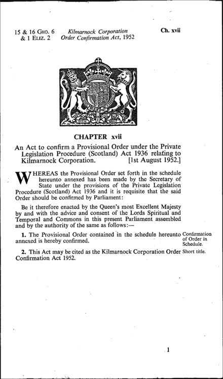 Kilmarnock Corporation Order Confirmation Act 1952