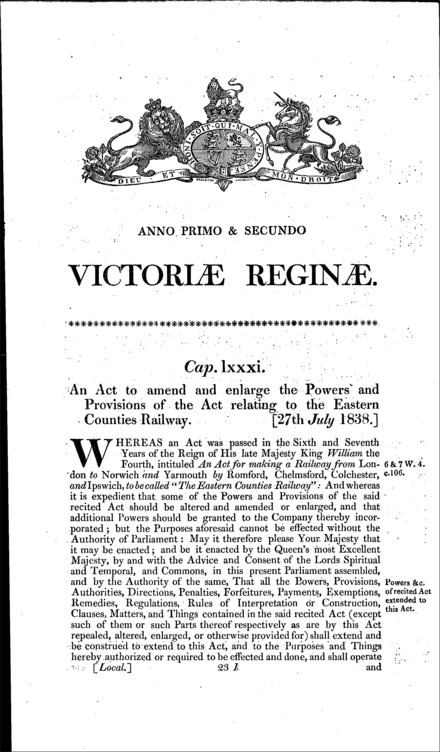 Eastern Counties Railway Act 1838