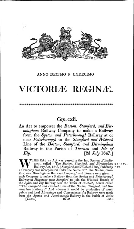 Boston, Stamford and Birmingham Railway (Peterborough and Thorney Line) Act 1847