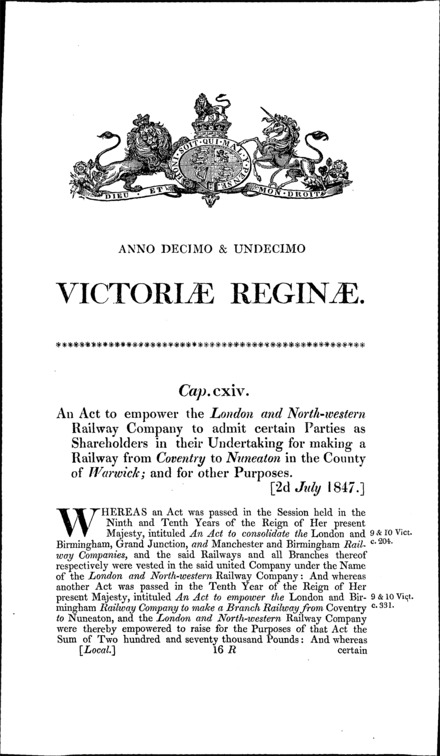 Coventry and Nuneaton Railway Act 1847