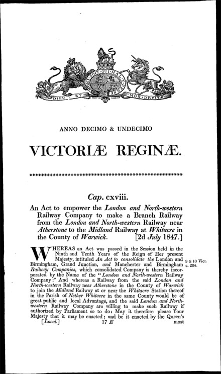 London and North Western Railway (Atherstone and Whitacre Branch) Act 1847