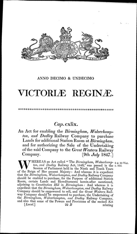 Birmingham, Wolverhampton and Dudley Railway Amendment Act 1847