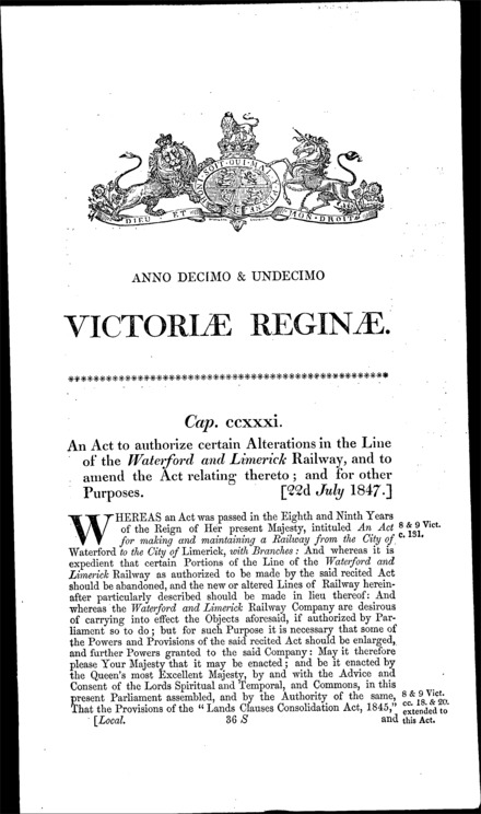Waterford and Limerick Railway Amendment Act 1847