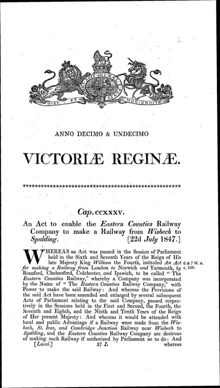 Eastern Counties (Wisbech to Spalding) Railway Act 1847