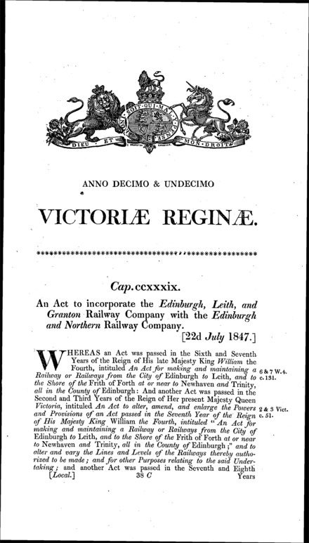 Edinburgh and Northern Railway Company and Edinburgh, Leith and Granton Railway Company Amalgamation Act 1847
