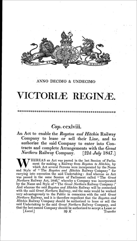 Royston and Hitchin Railway Amendment Act 1847