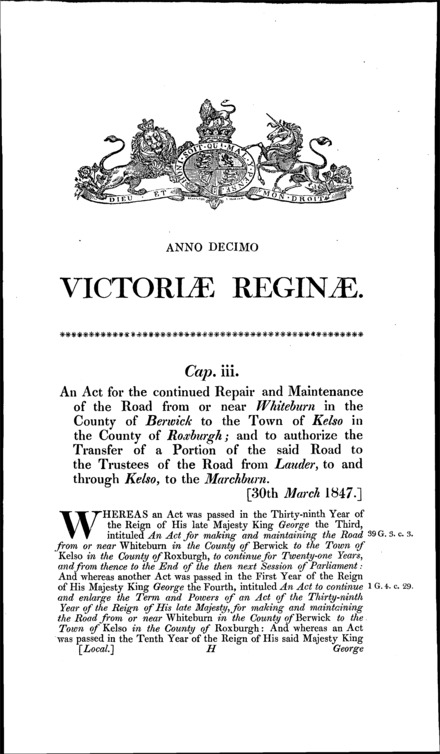 Whiteburn and Kelso Road (Berwick) Act 1847