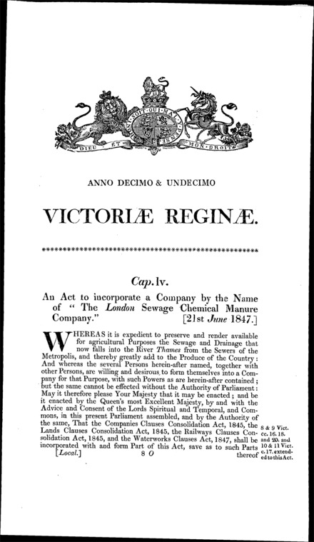 London Sewage Chemical Manure Act 1847