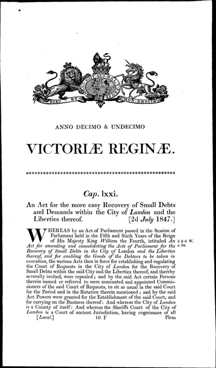London (City) Small Debts Act 1847