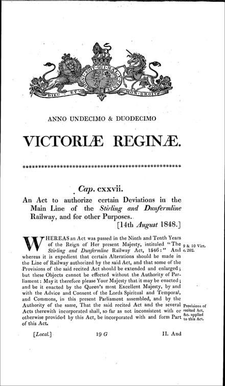 Stirling and Dunfermline Railway (Amendment and Deviations) Act 1848