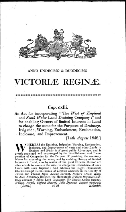 Landowners West of England and South Wales Land Drainage and Inclosure Companies Act 1848