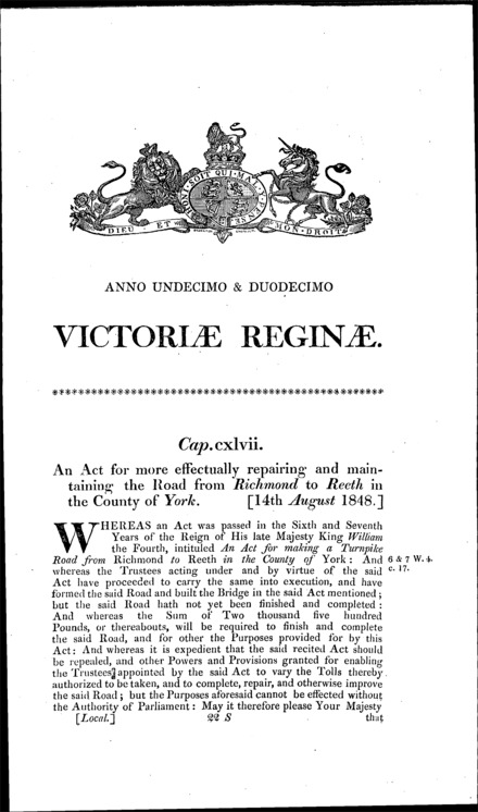 Richmond (Yorkshire) to Reeth Road Act 1848