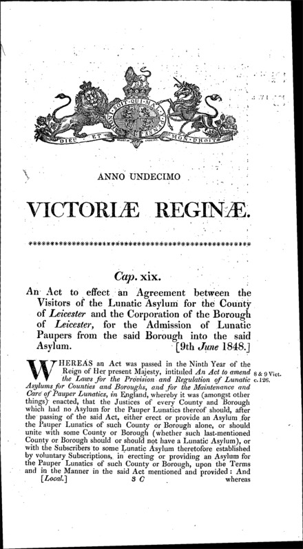 Leicester Lunatic Asylum Act 1848