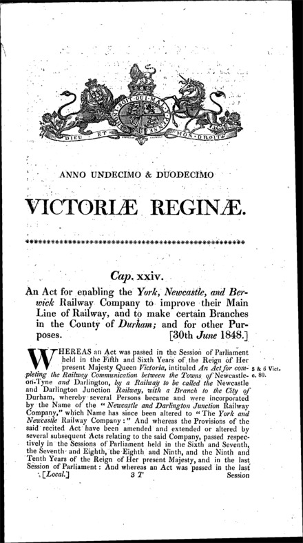 York, Newcastle and Berwick Railway (Main Line Improvement) Act 1848