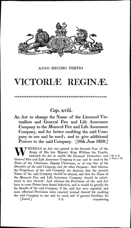 Monarch Fire and Life Assurance Company Act 1850