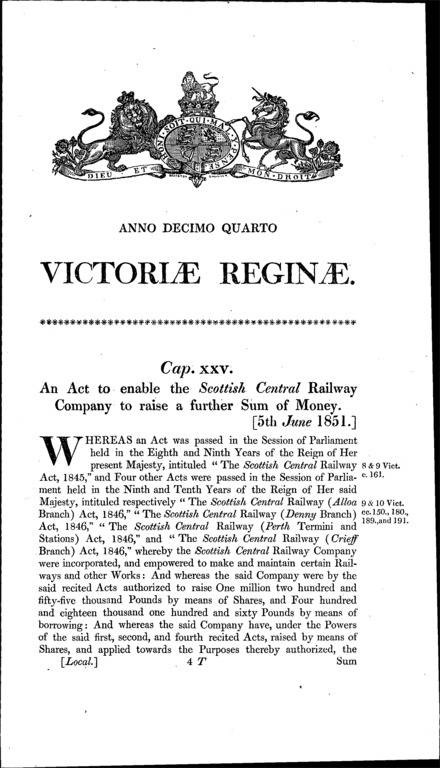 Scottish Central Railway Amendment Act 1851