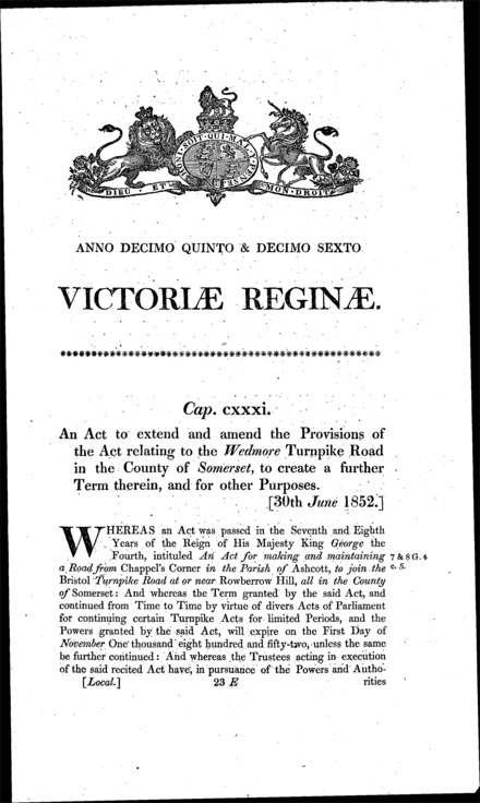 Wedmore Turnpike Road Act 1852