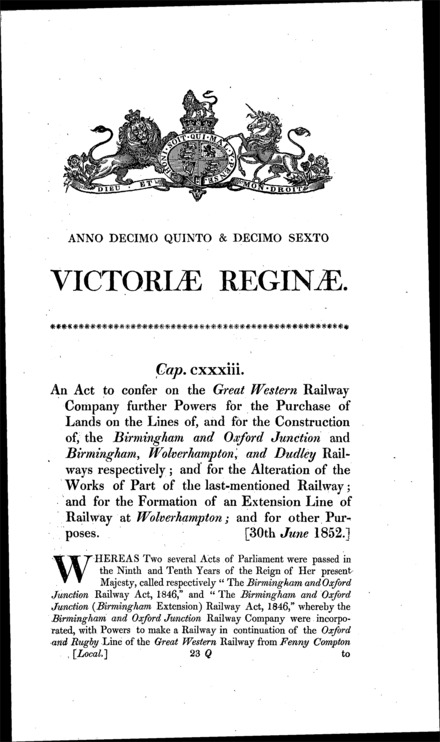 Great Western Railway (No. 2) Act 1852