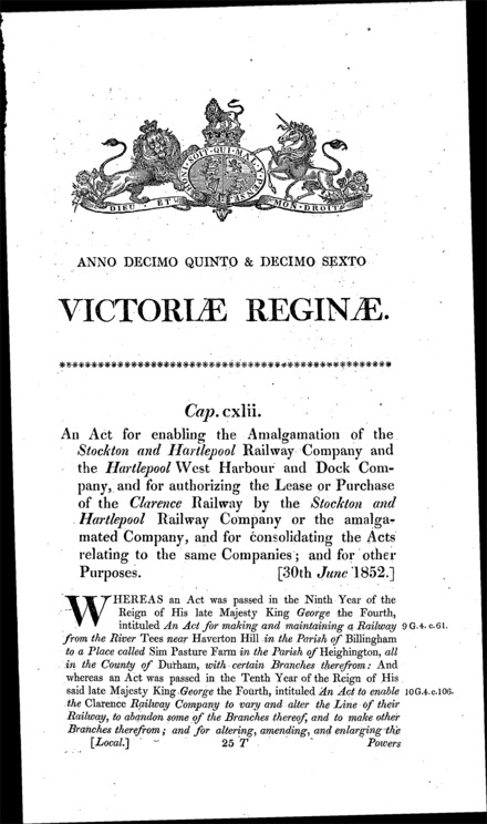 West Hartlepool Harbour and Railway Act 1852