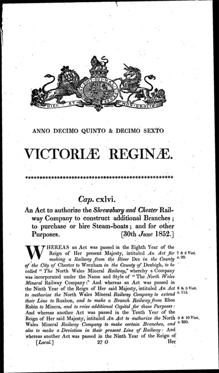 Shrewsbury and Chester Railway (Norton and Walton Branches) Act 1852