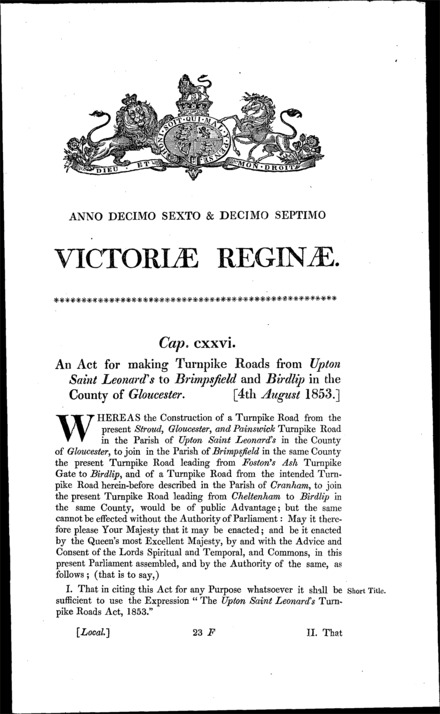 Upton St. Leonard's Turnpike Roads Act 1853