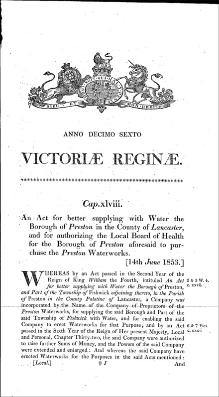 Preston Waterworks Act 1853