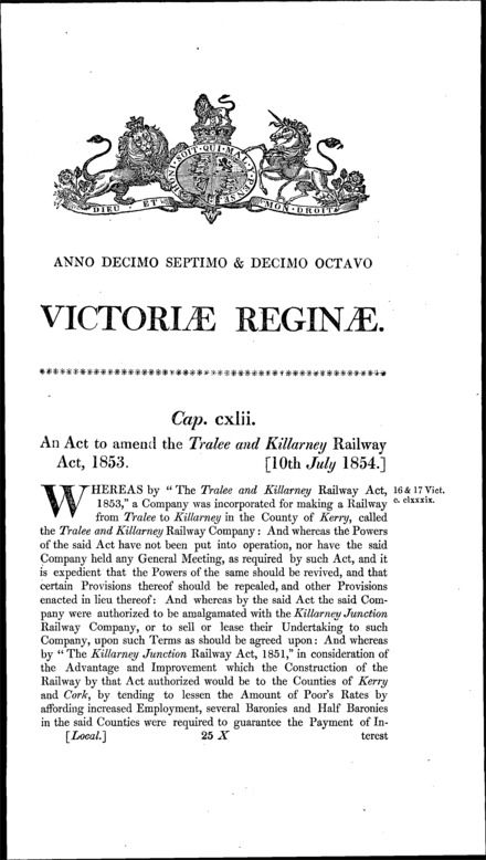 Tralee and Killarney Railway Act 1854