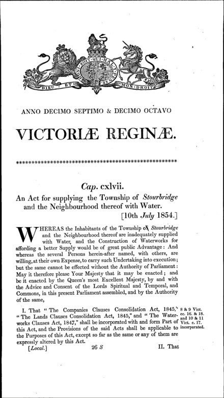 Stourbridge Waterworks Act 1854