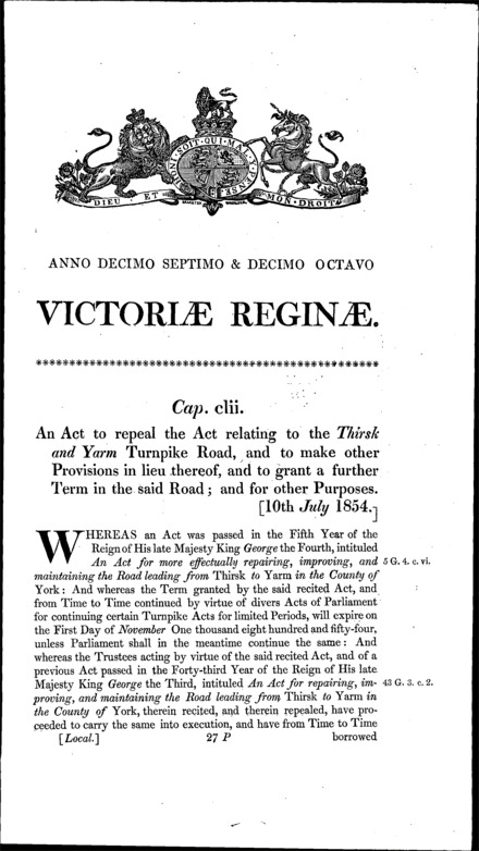 Thirsk and Yarm Turnpike Road Act 1854