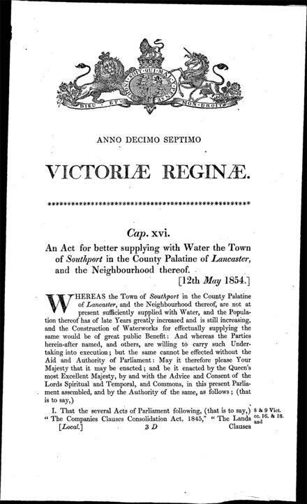 Southport Waterworks Act 1854
