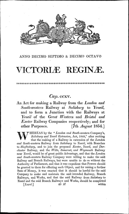 Salisbury and Yeovil Railway Act 1854
