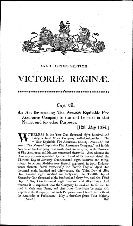 Norwich Equitable Fire Assurance Company Act 1854
