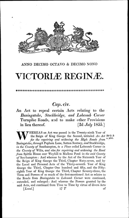 Basingstoke, Stockbridge and Lobcomb Corner Turnpike Roads Act 1855