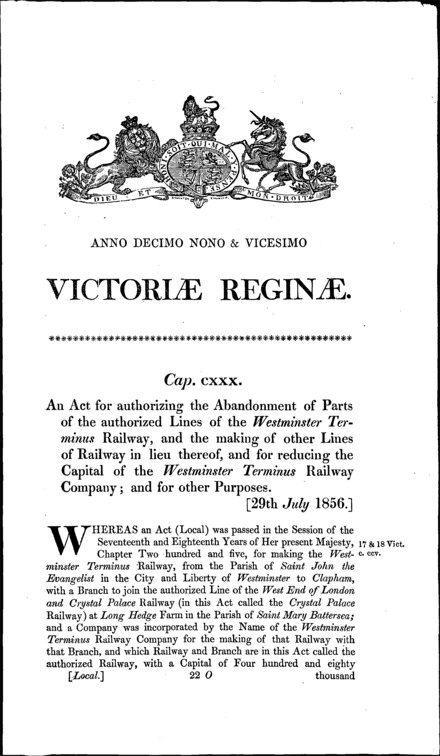 West End of London and Clapham and Norwood Junction Railway Act 1856