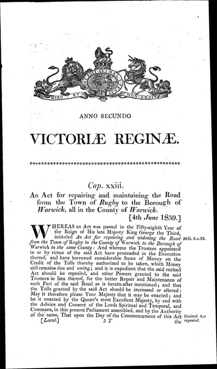 Rugby and Warwick Road Act 1839