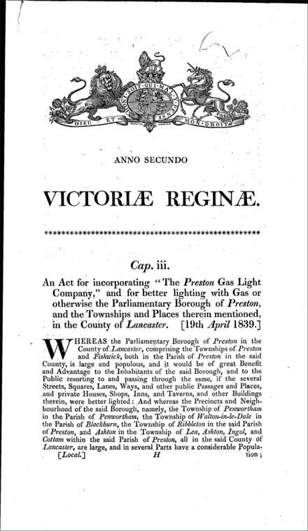 Preston Gas Light Company Act 1839