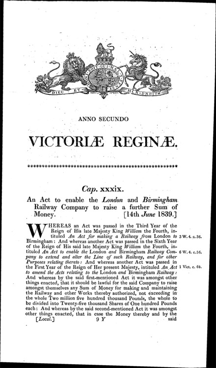 London and Birmingham Railway Act 1839