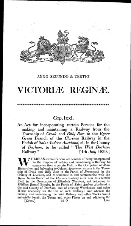 West Durham Railway Act 1839