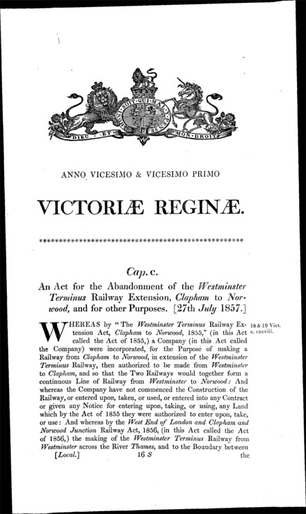 Westminster Terminus Railway, Extension Clapham to Norwood Abandonment Act 1857