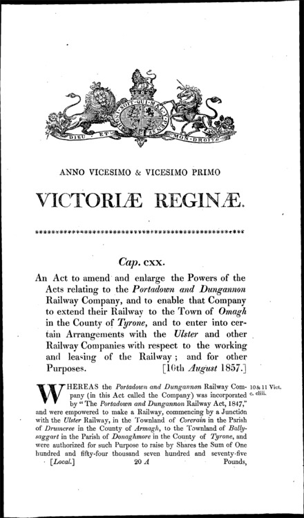 Portadown, Dungannon and Omagh Junction Railway Act 1857