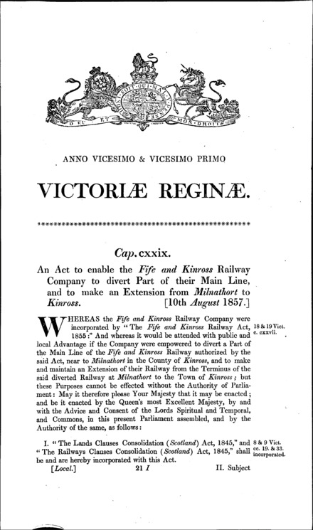 Fife and Kinross Railway Diversion and Extension Act 1857