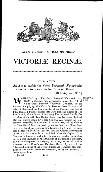Great Yarmouth Waterworks Act 1857