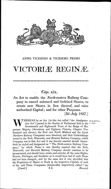 North Eastern Railway (Capital) Act 1857