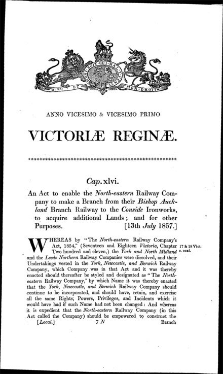 North Eastern Railway (Lanchester Valley Branch) Act 1857